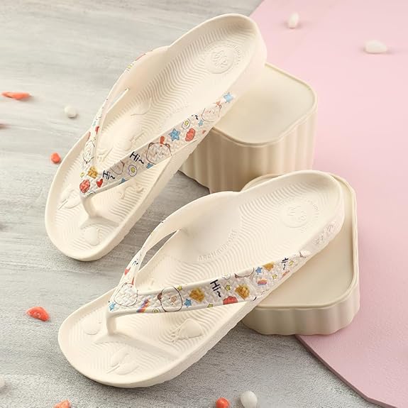 Women’s Cream Printed Flip-Flops – Soft Cushioned Casual Slippers
