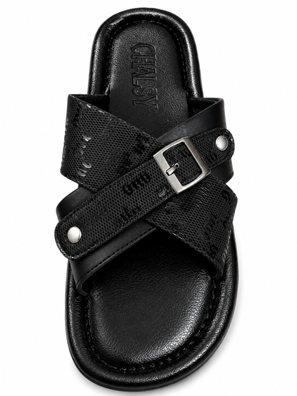 Trendy Black Cross Strap Buckle Casual Sandals