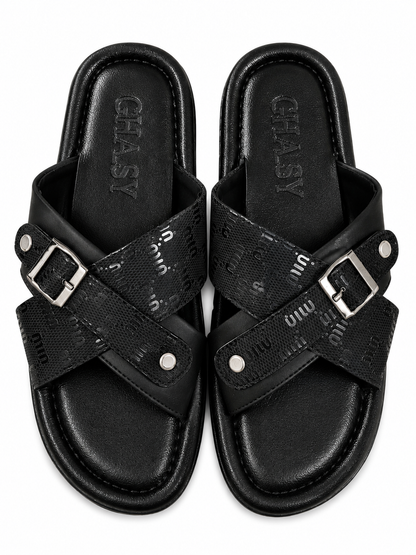 Trendy Black Cross Strap Buckle Casual Sandals